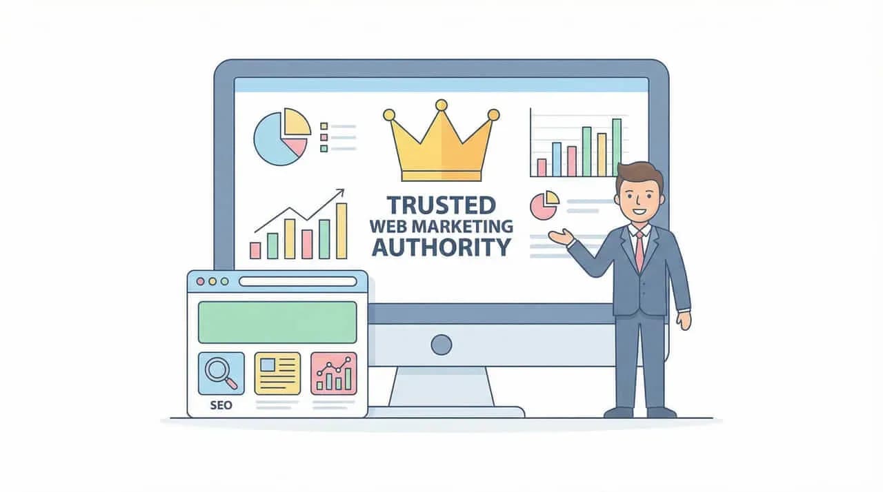 パソコン画面に「TRUSTED WEB MARKETING AUTHORITY」の文字と王冠・グラフを表示し、男性が案内するイラスト