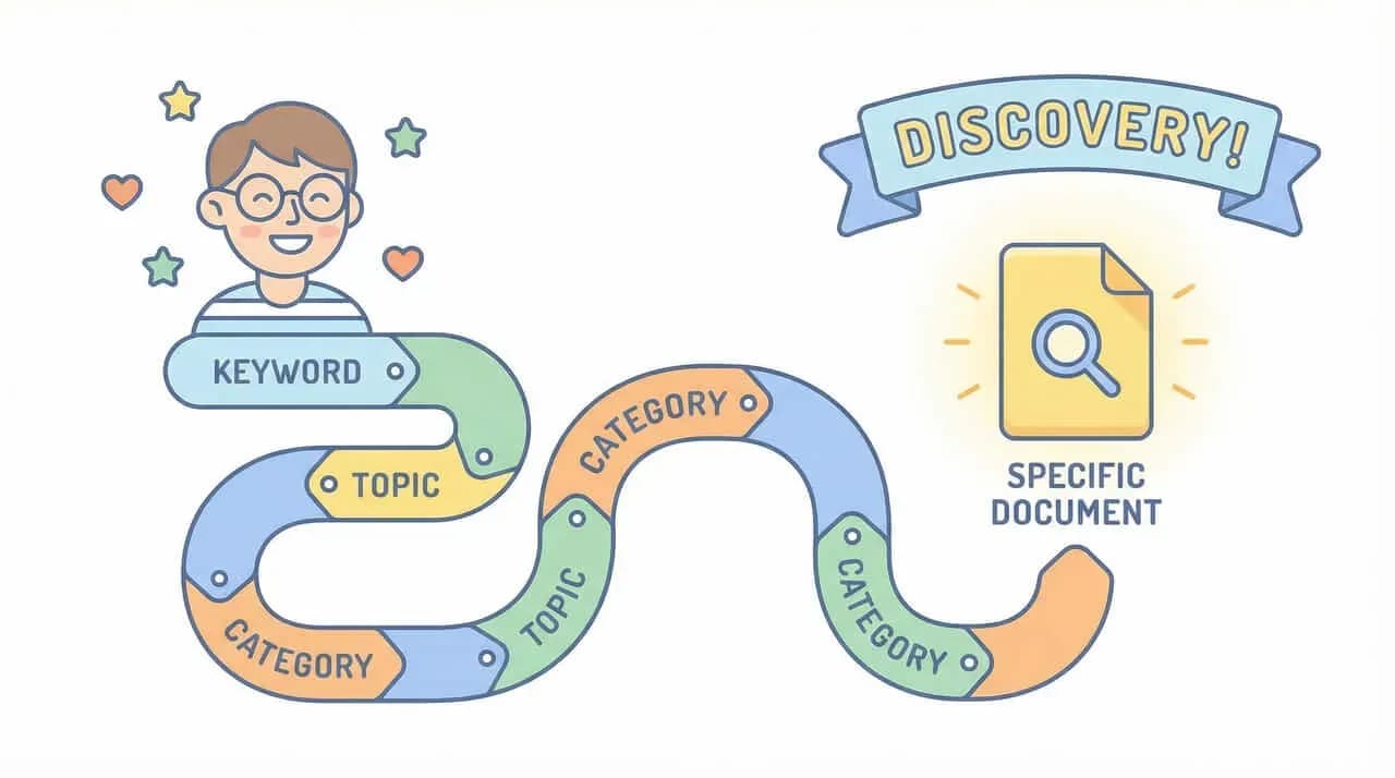 「KEYWORD」「TOPIC」「CATEGORY」の道をたどり「DISCOVERY!」の文書にたどり着く様子のイラスト