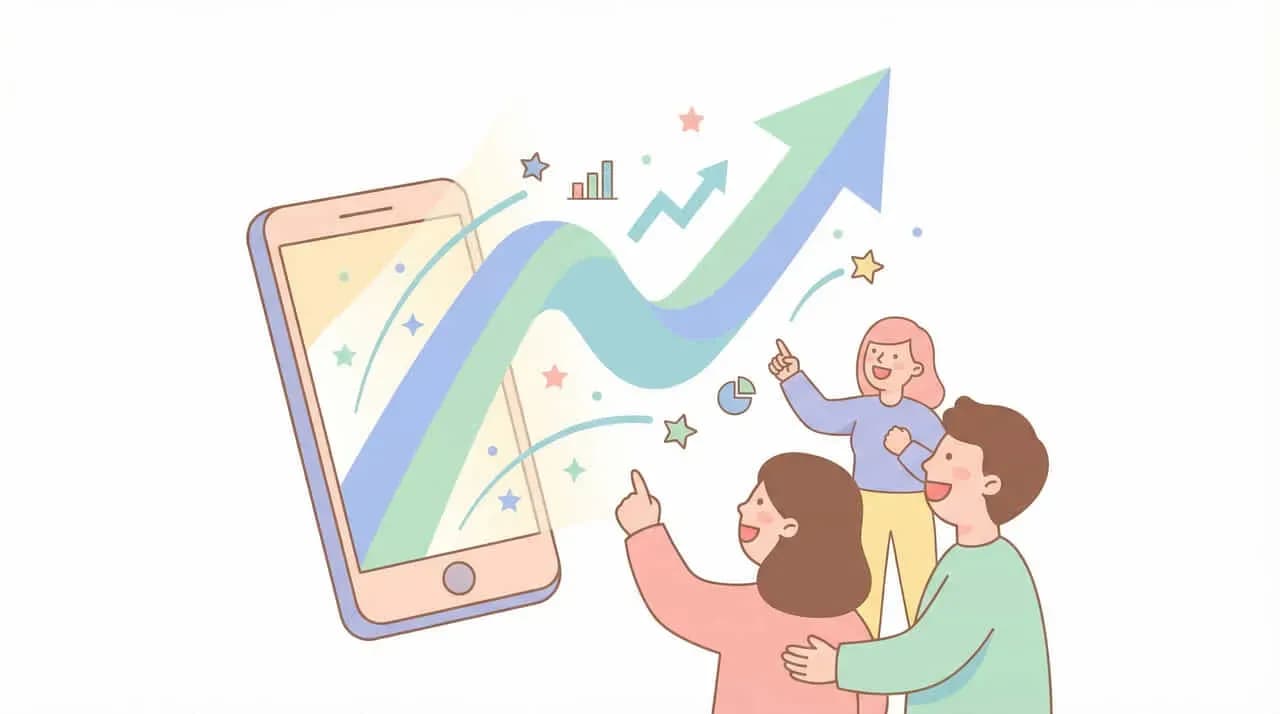 スマートフォンから伸びる上昇の帯を指さす3人のイラスト