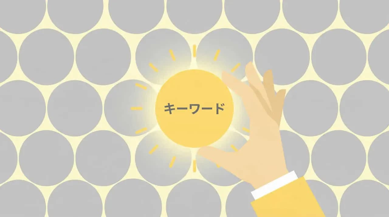 灰色の丸の中から光る「キーワード」の丸を手で選び取るイラスト