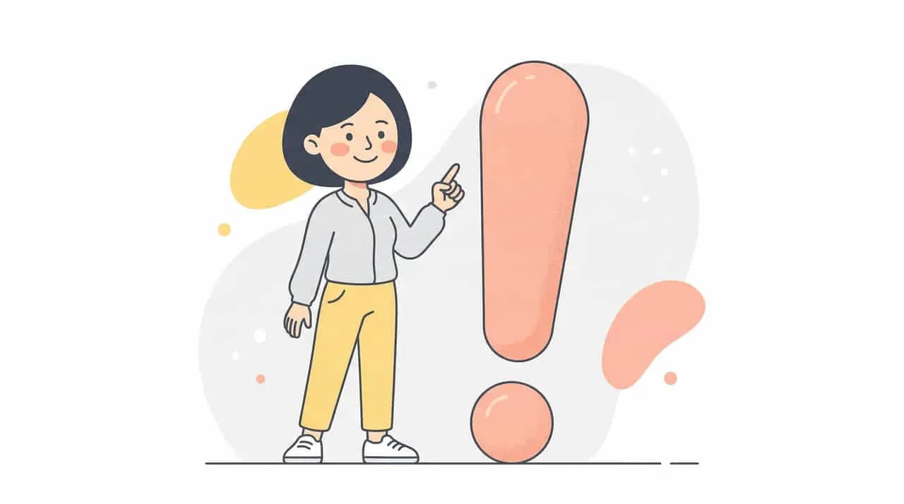 大きなエクスクラメーションマークを指さす女性のイラスト