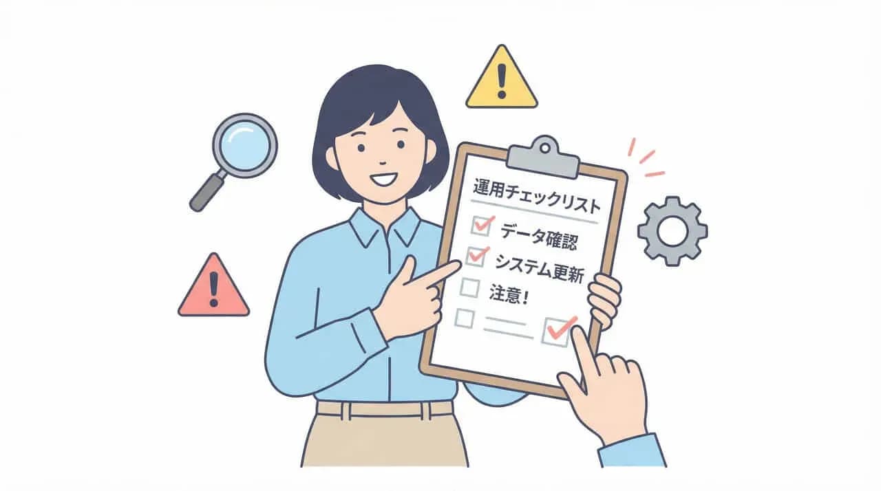 「運用チェックリスト」を指さす女性と、警告マーク・虫眼鏡のイラスト