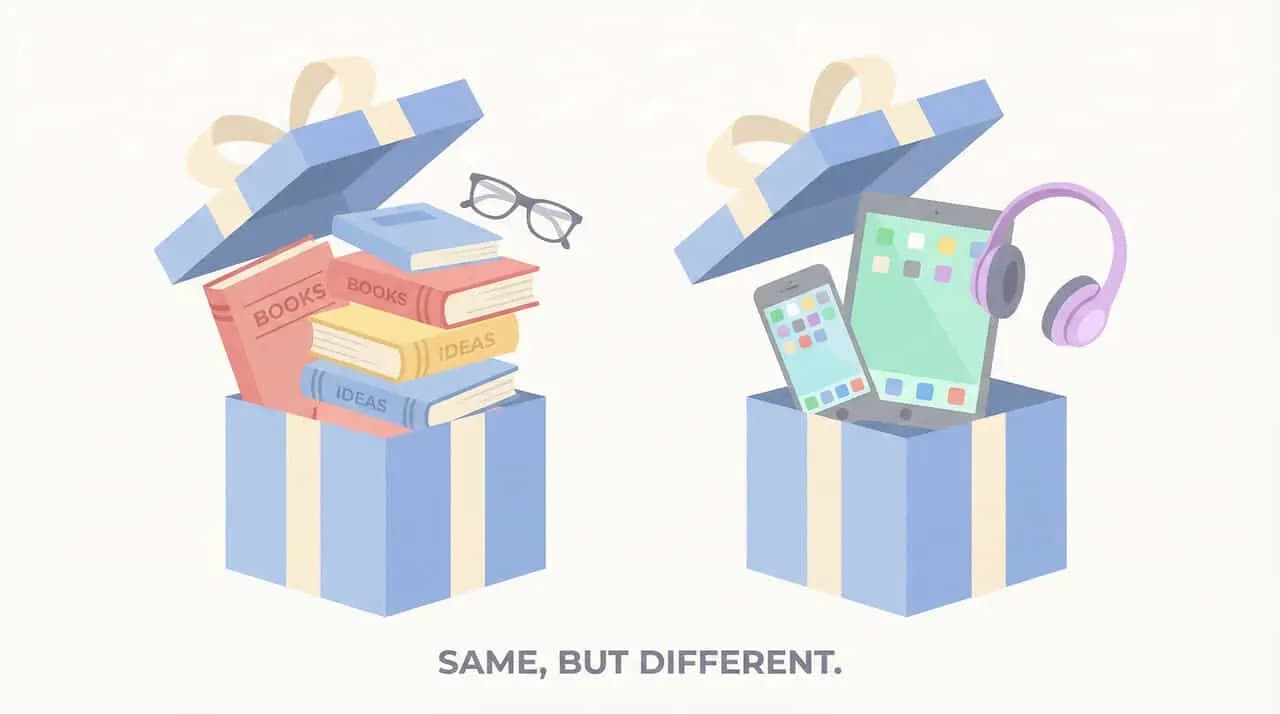 本と眼鏡が入った箱、スマートフォン・タブレット・ヘッドホンが入った箱を並べ「SAME, BUT DIFFERENT.」と示したイラスト