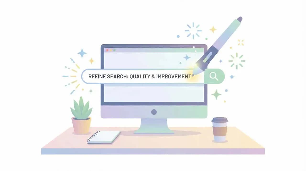 パソコン画面に「REFINE SEARCH: QUALITY & IMPROVEMENT」の検索窓を表示し、大きなペンを添えたデスクのイラスト