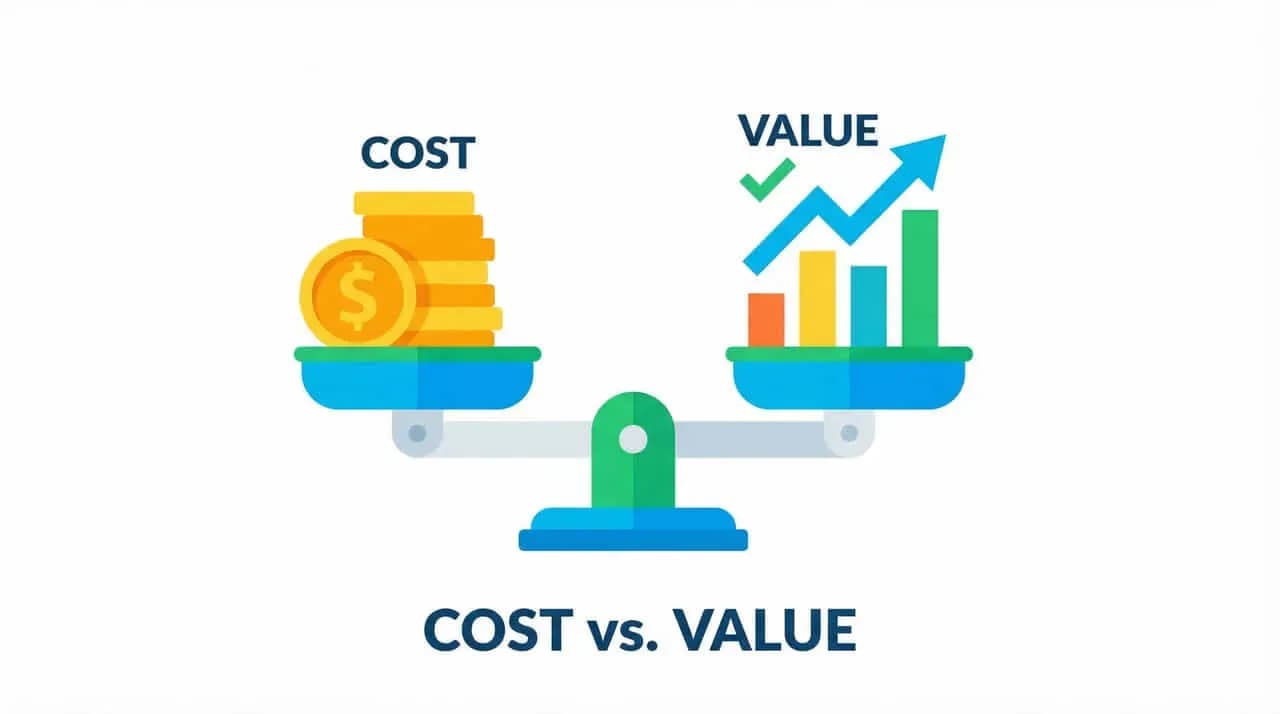 COST（コインと天秤皿）とVALUE（上昇グラフ）を天秤で比較し、「COST vs. VALUE」と示した図
