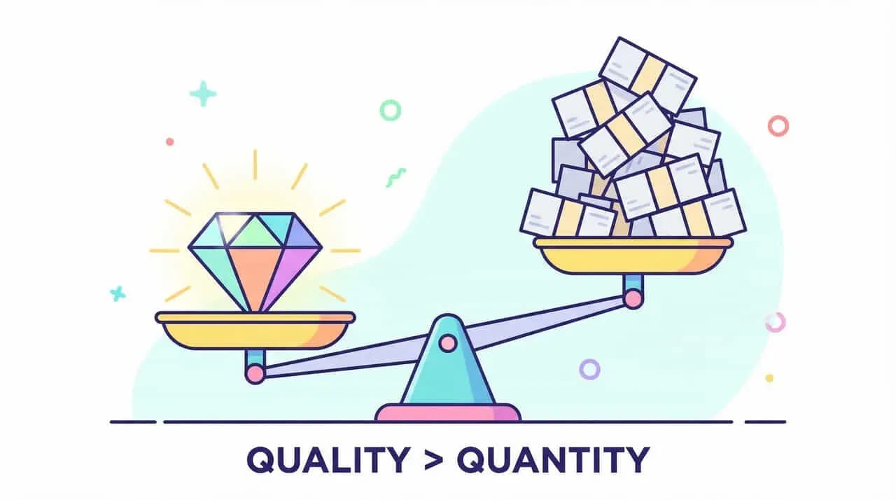 ダイヤモンド1個と積み上がった箱を天秤で比較し「QUALITY > QUANTITY」と示した図