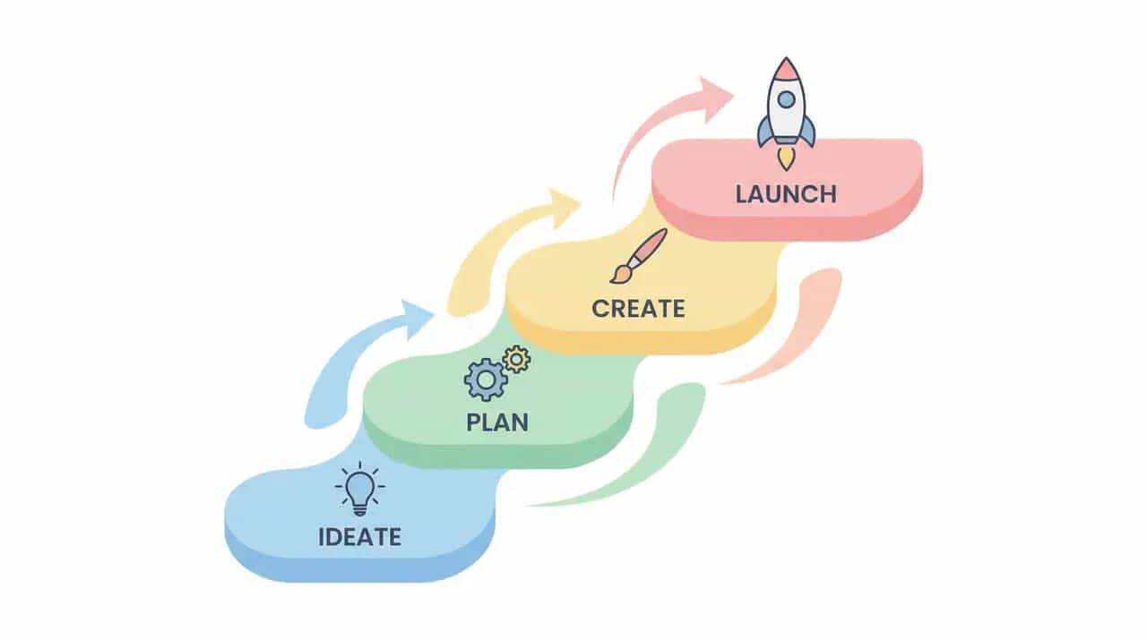 「IDEATE」「PLAN」「CREATE」「LAUNCH」の4段階を矢印でつないだ図