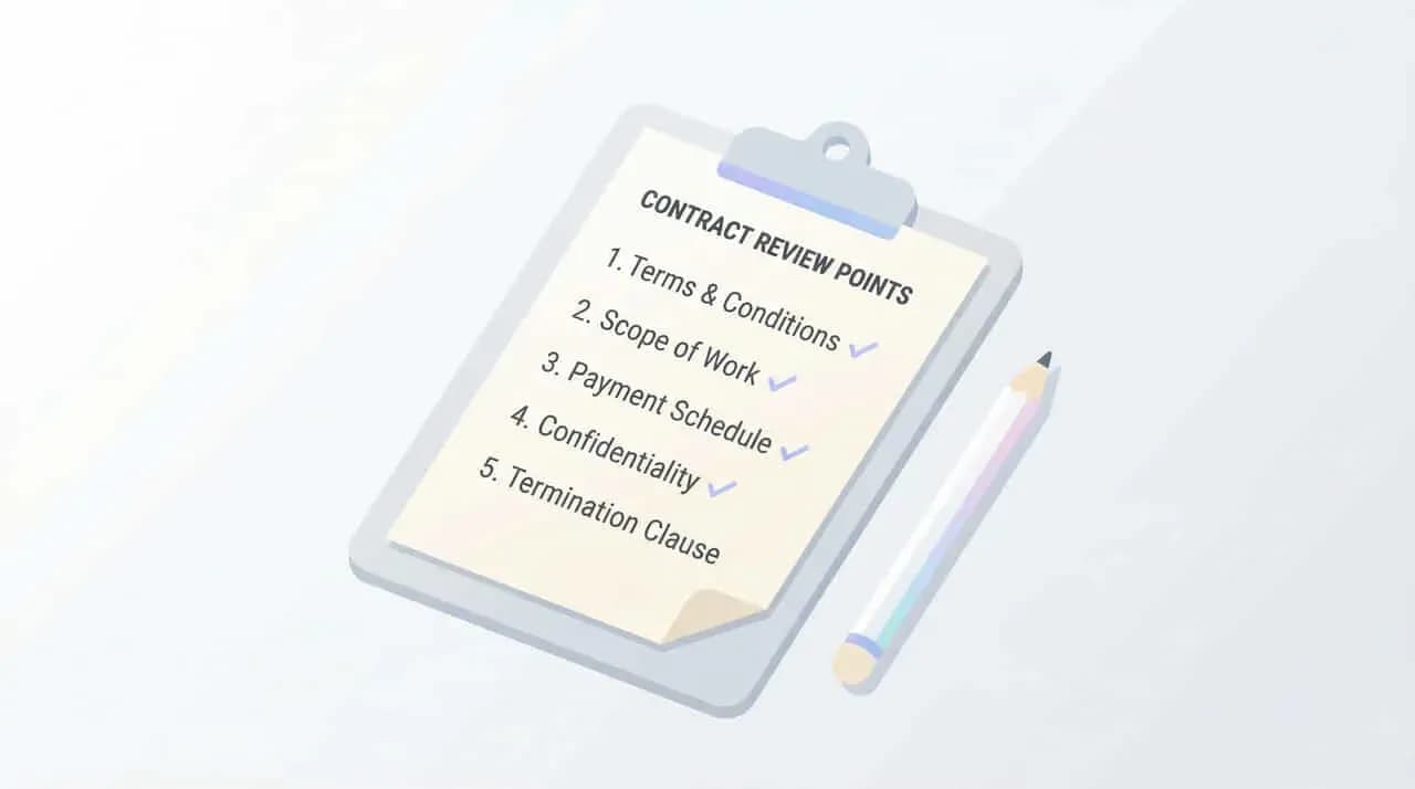 「CONTRACT REVIEW POINTS」のチェックリストとペンを描いたクリップボードのイラスト