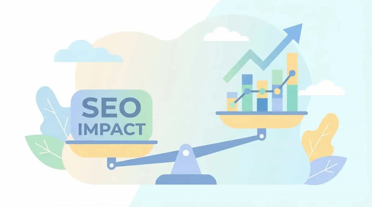 「SEO IMPACT」と棒グラフを天秤で比較し、上昇矢印を添えたイラスト