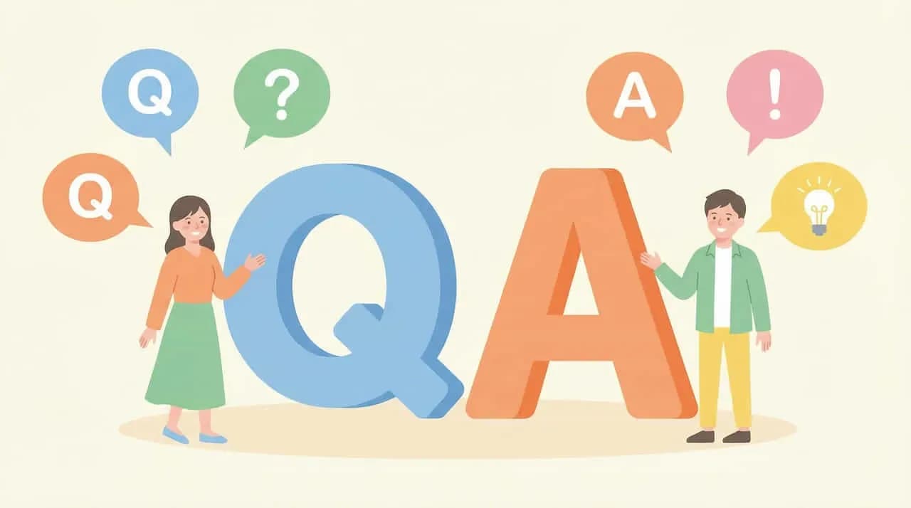 大きな「Q」「A」の文字と、その周りに立つ男女、Q・A・?・！の吹き出しを配したイラスト