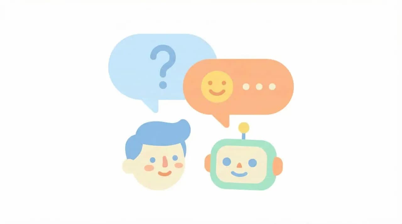 「?」の吹き出しの人物と、笑顔の吹き出しで応えるロボットのイラスト