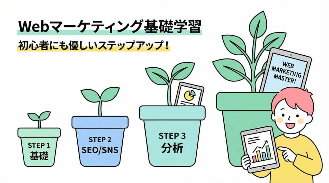 「Webマーケティング基礎学習 初心者にも優しいステップアップ！」の文字と、STEP1〜3の鉢植えが育つ様子、タブレットを持つ人物のイラスト