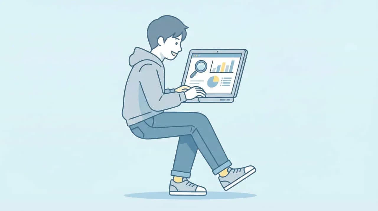 体育座りでノートパソコンのグラフ画面を操作する人物のイラスト