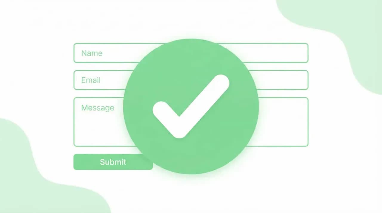 「Name」「Email」「Message」の入力フォームと、大きな緑のチェックマークのイラスト