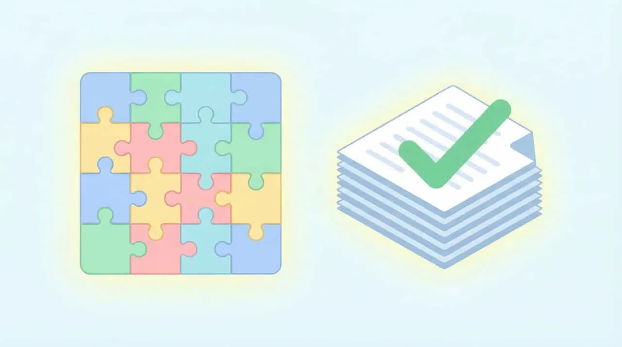 カラフルなパズルのグリッドと、チェックマークが付いた書類の束のイラスト