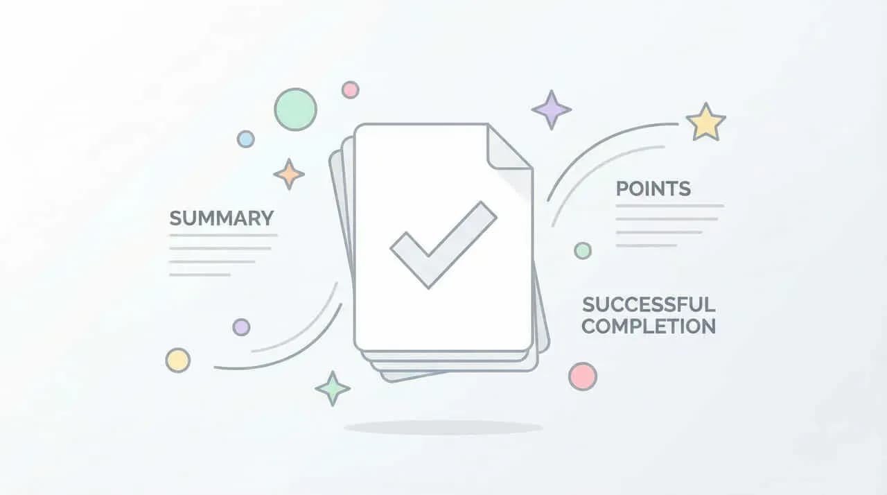 チェックマーク付きの書類と「SUMMARY」「POINTS」「SUCCESSFUL COMPLETION」の文字