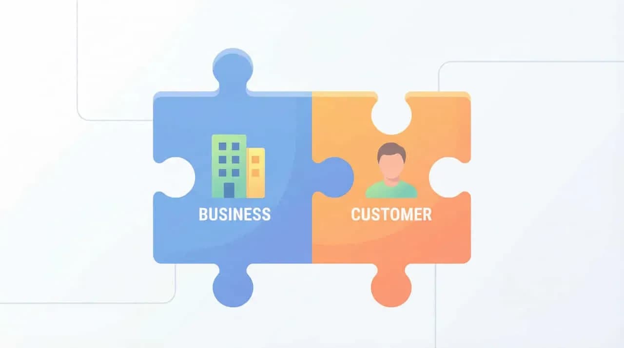 「BUSINESS」と「CUSTOMER」のパズルピースが組み合わさったイラスト
