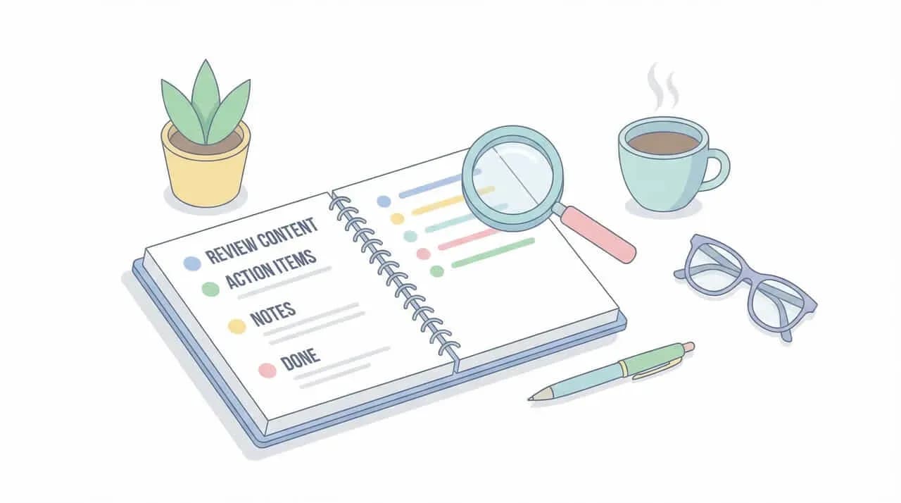 「REVIEW CONTENT」「ACTION ITEMS」「NOTES」「DONE」と書かれたノートと、観葉植物・コーヒー・メガネのイラスト