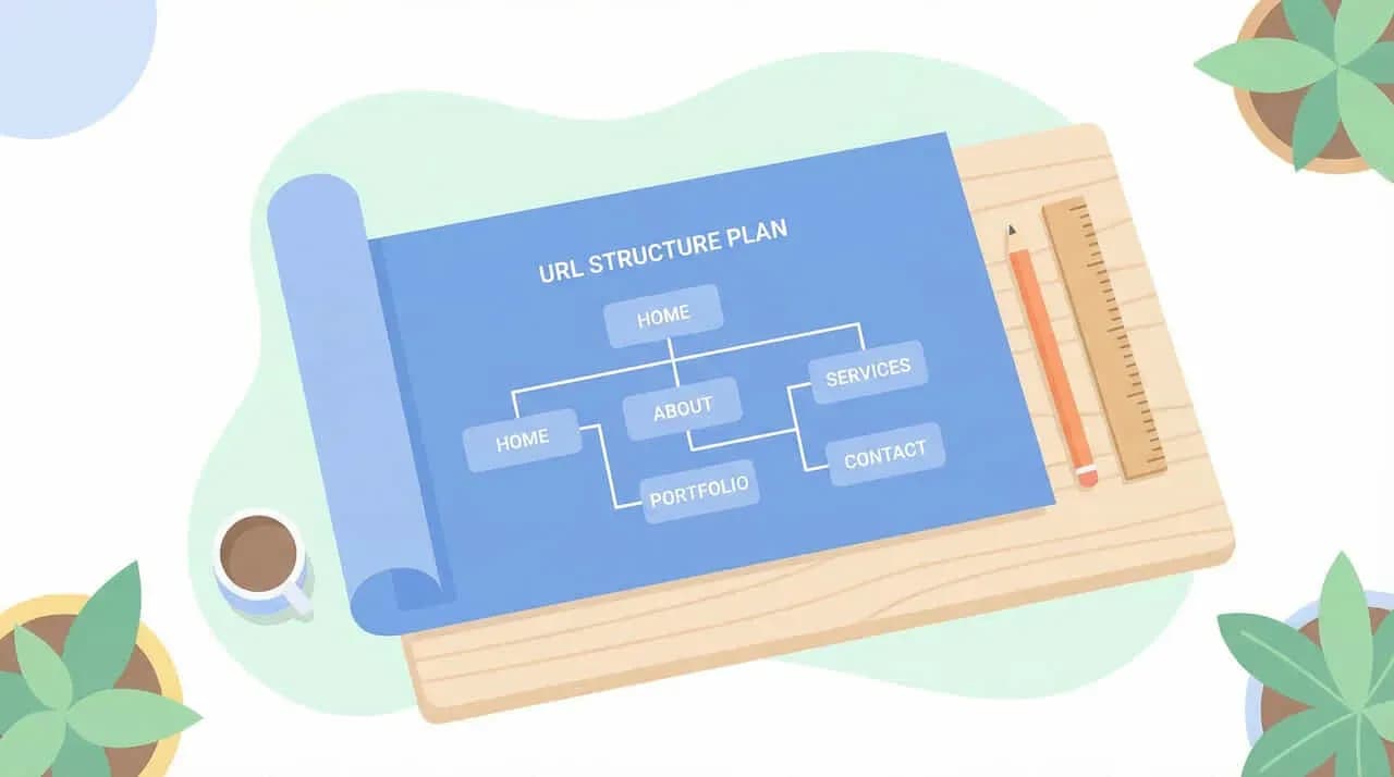 「URL STRUCTURE PLAN」と書かれたロール状の設計図に、HOME・ABOUT・SERVICES等のサイト構造図を描いたイラスト
