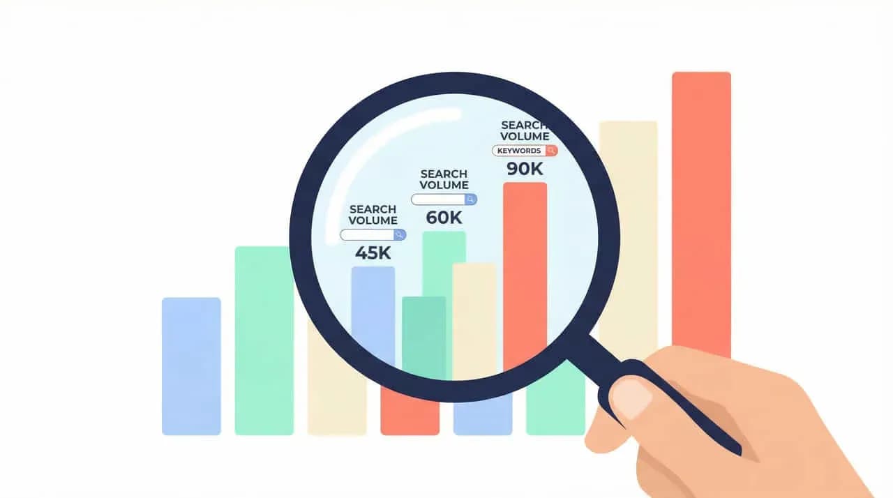 「SEARCH VOLUME」45K・60K・90Kの棒グラフを虫眼鏡で見ているイラスト
