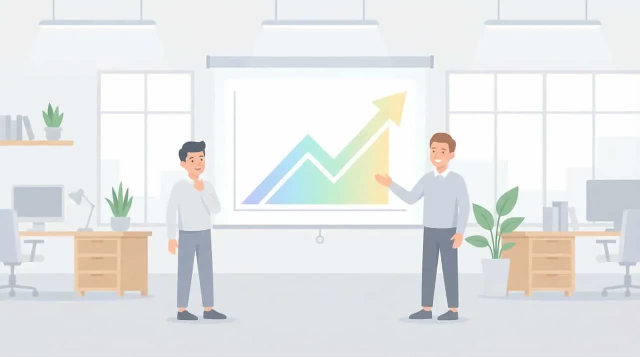 オフィスでグラフを指し示しながらプレゼンする2人の男性のイラスト