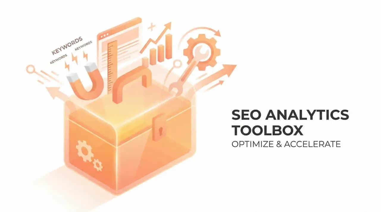 「SEO ANALYTICS TOOLBOX OPTIMIZE & ACCELERATE」の文字と、道具箱から磁石やグラフが飛び出したイラスト