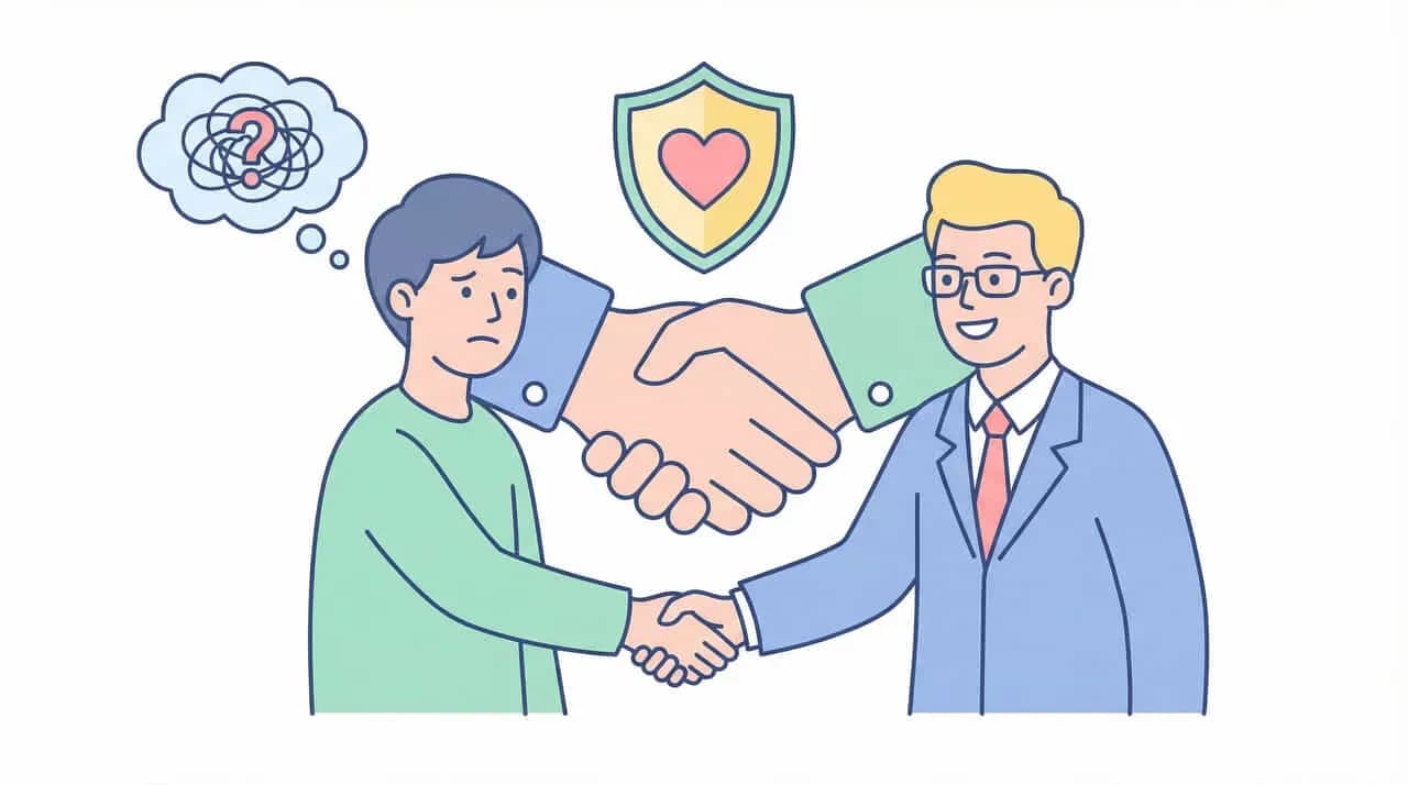 不安げな人物と、盾とハートを掲げた人物が握手するイラスト