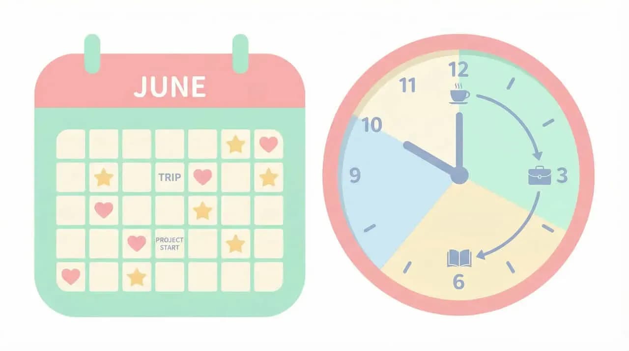 「JUNE」のカレンダーと、コーヒー・鞄・本のアイコンを配した時計のイラスト