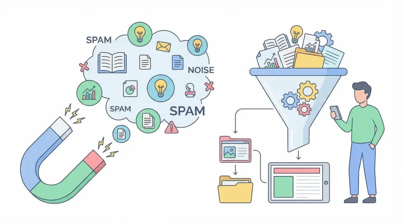 磁石が「SPAM」「NOISE」等の吹き出しを集め、漏斗でファイルとして整理してスマートフォンの人物に渡す図