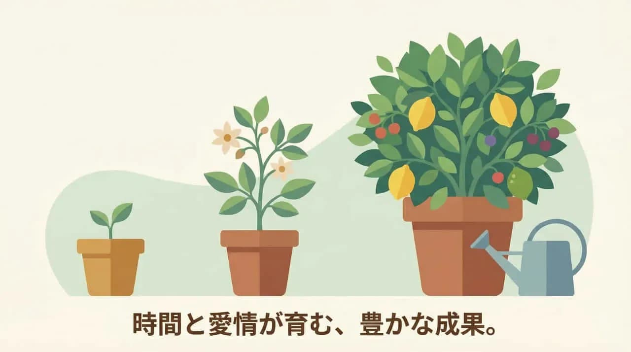 育っていく植物の鉢植えと、「時間と愛情が育む、豊かな成果。」の文字のイラスト