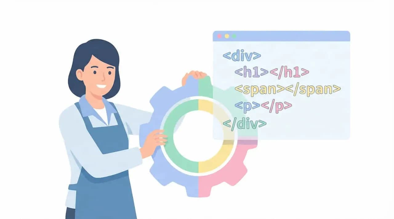 歯車を調整する女性と、HTMLタグが並んだコードのイラスト