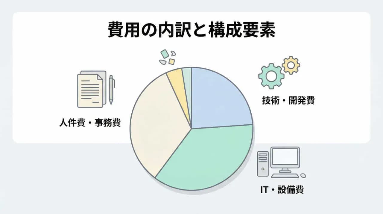 「費用の内訳と構成要素」の文字と、人件費・事務費、技術・開発費、IT・設備費の円グラフ