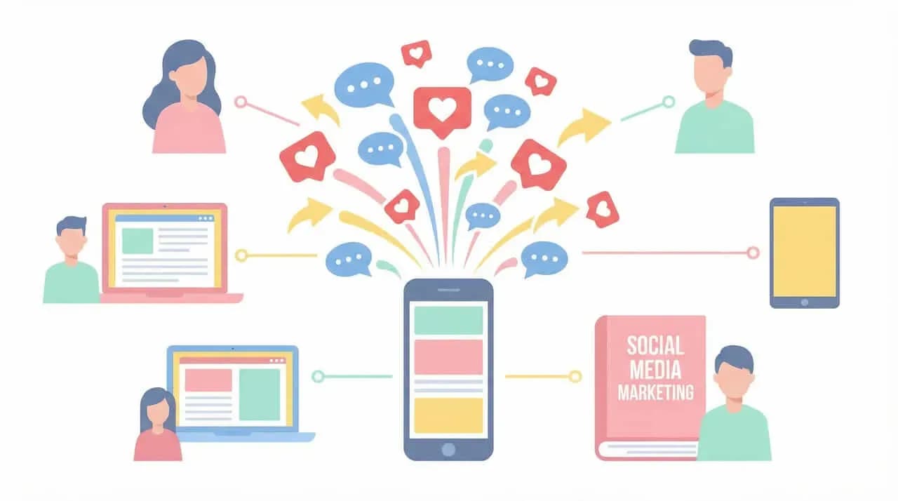 複数の人がスマートフォンを介して吹き出し・ハートアイコンでつながる「SOCIAL MEDIA MARKETING」のイラスト