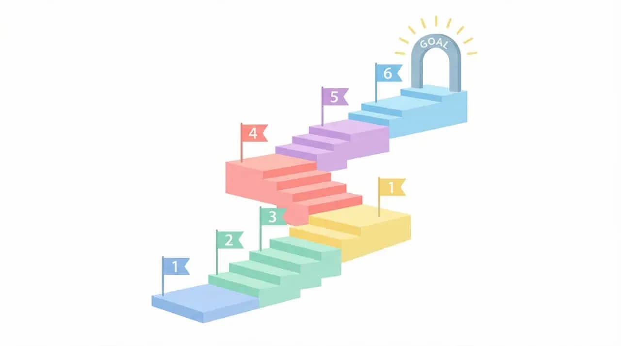 1〜6の旗が立つ階段を上った先に「GOAL」の扉があるイラスト