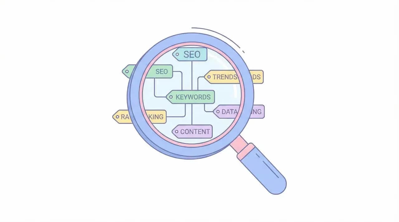 虫眼鏡で「SEO」を中心に「KEYWORDS」「TRENDS」「RANKING」「CONTENT」がつながった図を見るイラスト