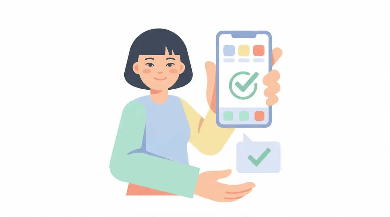 スマートフォンのアプリ画面とチェックマークを示す女性のイラスト