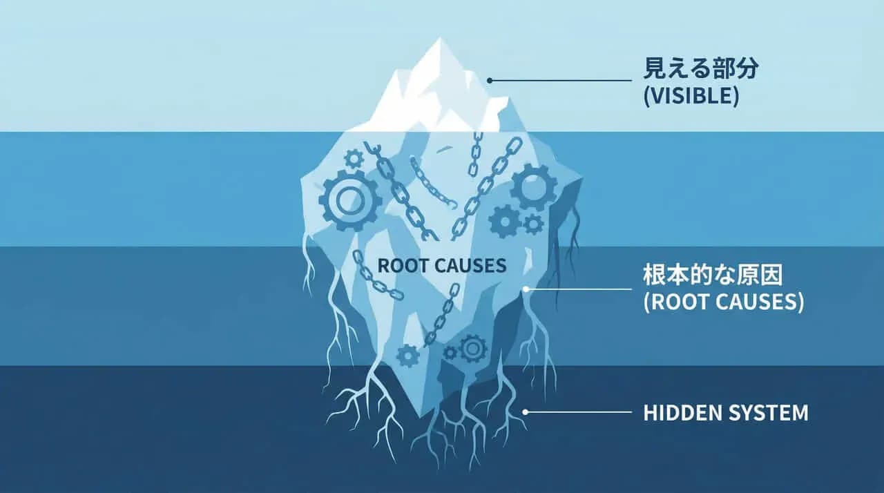 氷山の「見える部分」と水面下の「根本的な原因」「HIDDEN SYSTEM」を示した図