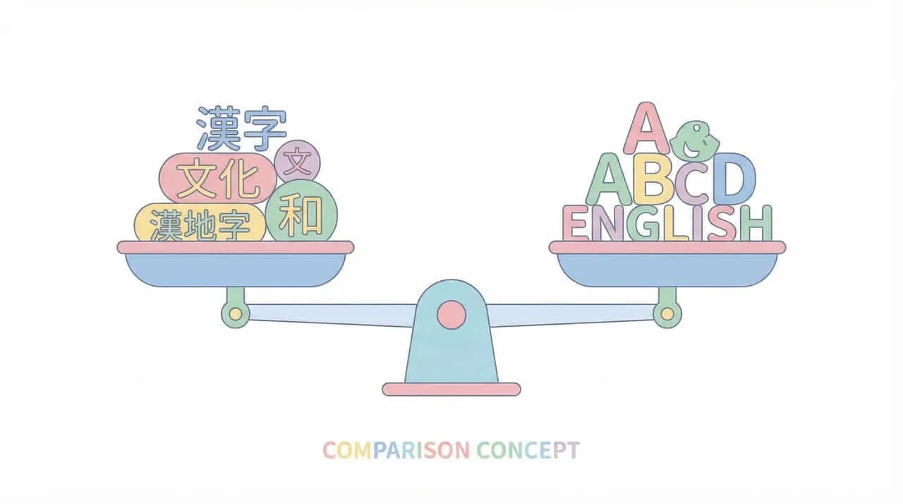 「漢字」「文化」「和」等の日本語文字と「ABCD ENGLISH」の英語文字を天秤で比較した「COMPARISON CONCEPT」の図