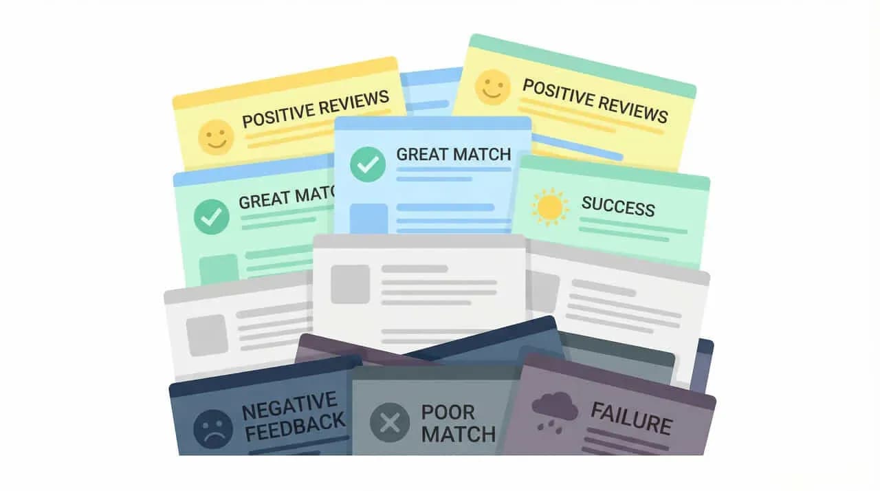 「POSITIVE REVIEWS」「GREAT MATCH」などのカードの下に「NEGATIVE FEEDBACK」「POOR MATCH」「FAILURE」のカードが重なったイラスト