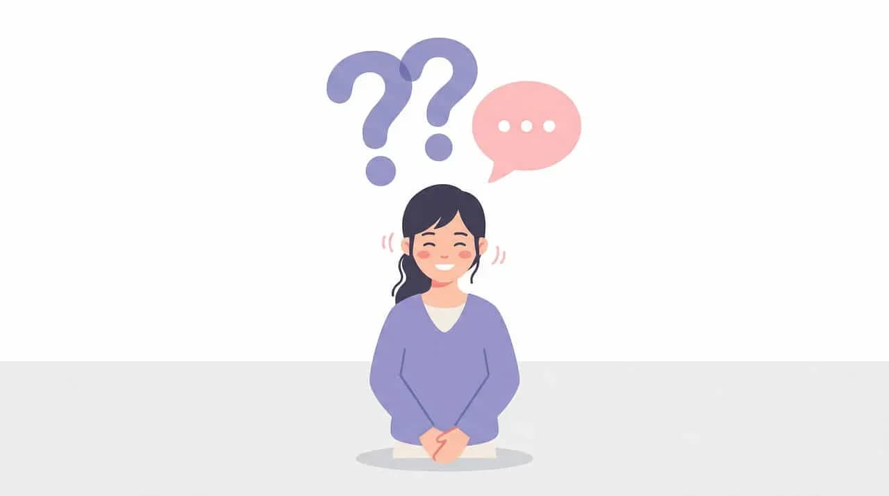 クエスチョンマークと吹き出しに囲まれた女性のイラスト