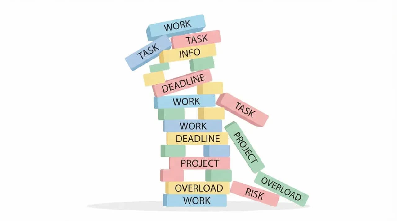 WORK・TASK・DEADLINE・PROJECT・OVERLOADなどの文字ブロックが不安定に積み上がったイラスト