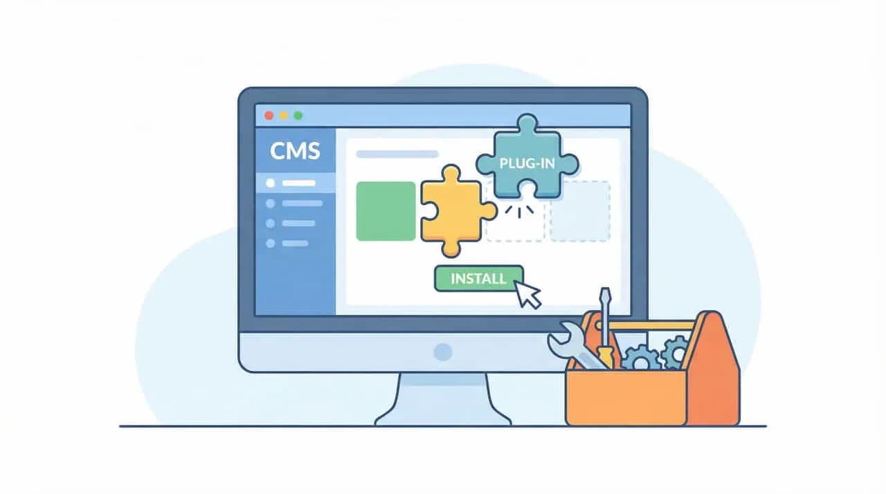「CMS」画面に「PLUG-IN」のパズルピースを「INSTALL」する様子と、工具箱のイラスト