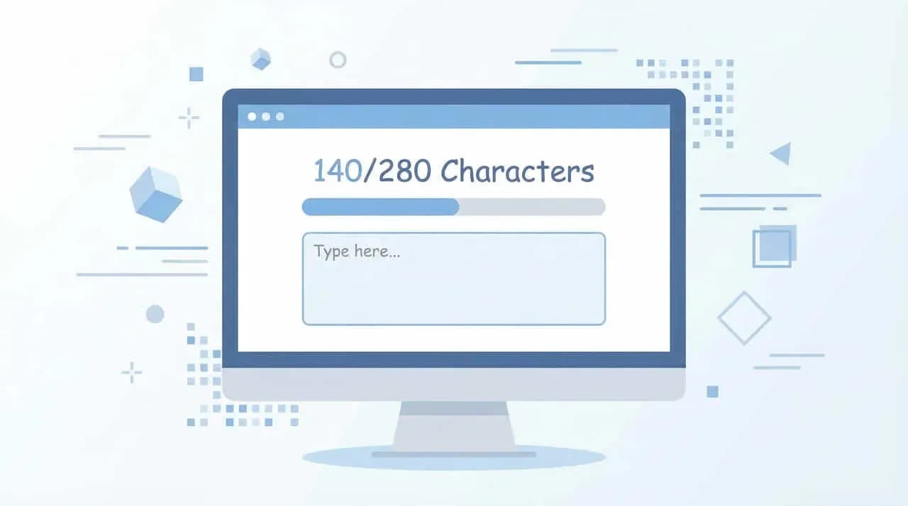 パソコン画面に「140/280 Characters」の文字数カウントと「Type here...」の入力欄を表示したイラスト