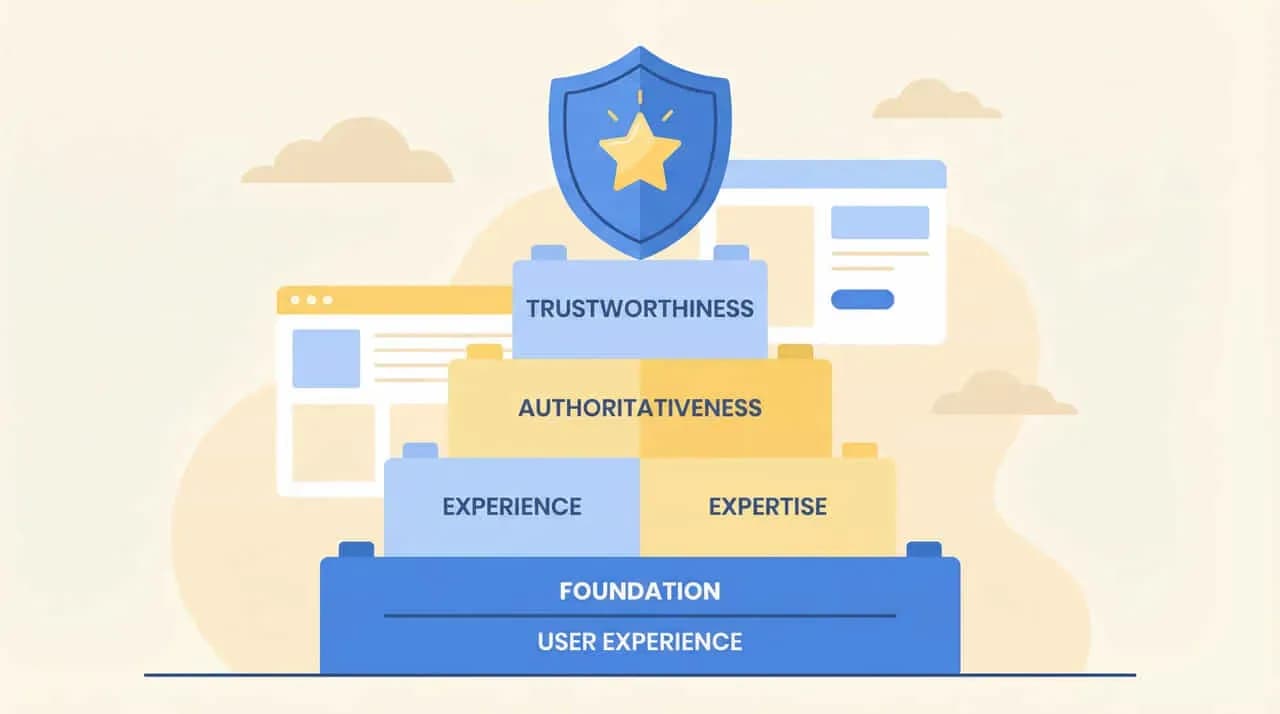 「TRUSTWORTHINESS」「AUTHORITATIVENESS」「EXPERIENCE」「EXPERTISE」「FOUNDATION」「USER EXPERIENCE」を積み木状に重ねたピラミッド図