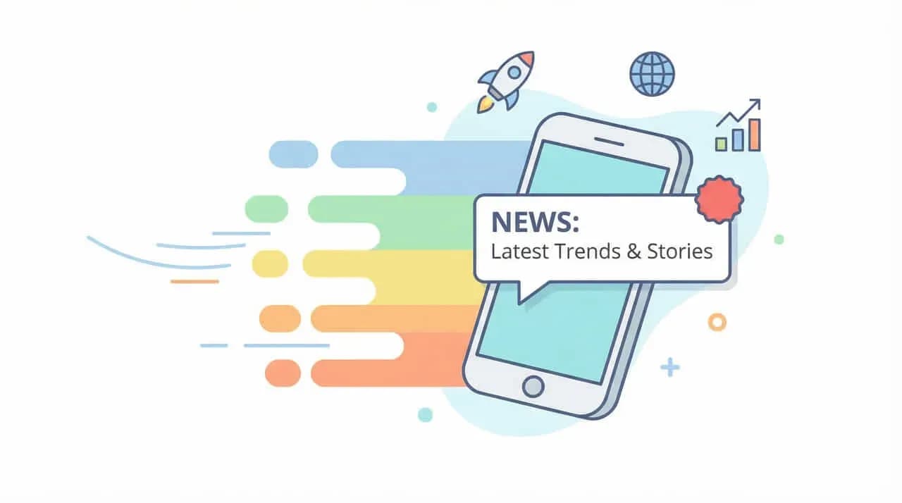 スマートフォン画面に「NEWS: Latest Trends & Stories」と表示し、速報を表す線を伴ったイラスト