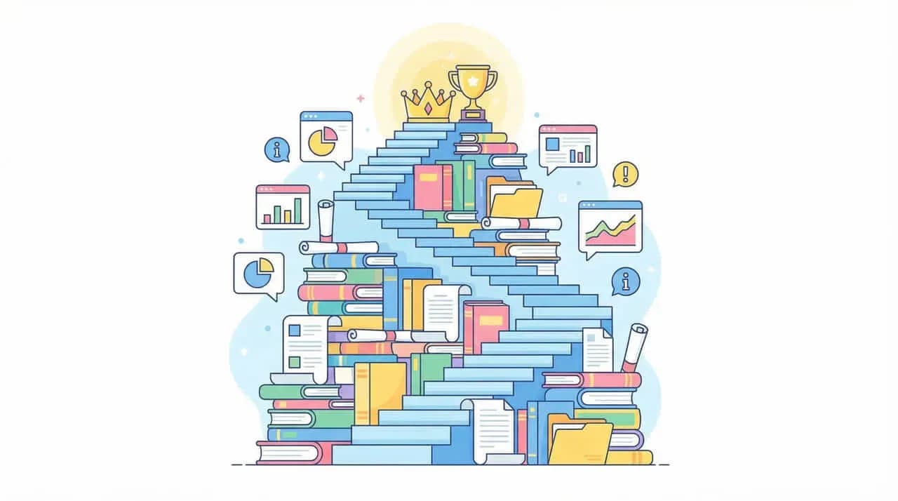 本を積み上げた階段を登った先にトロフィーがあるイラスト