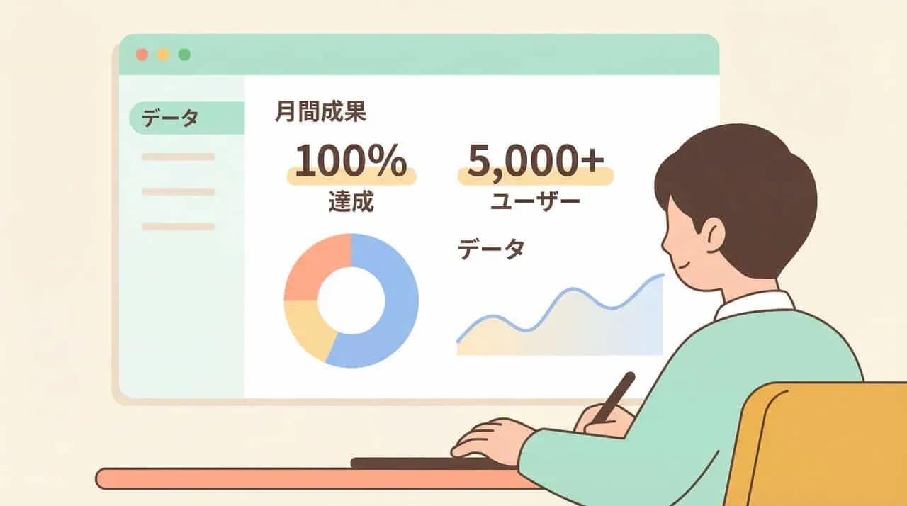 「月間成果」「100%達成」「5,000+ユーザー」と表示されたダッシュボード画面を見る男性のイラスト