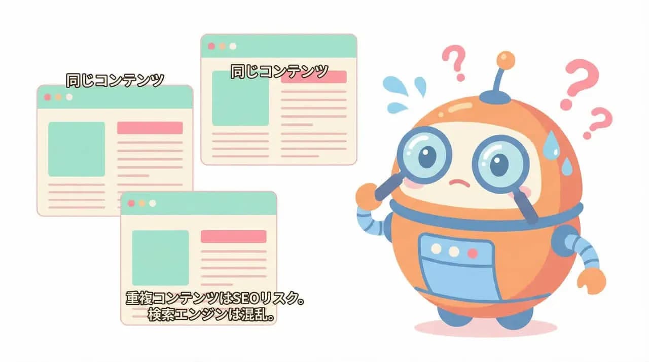 「同じコンテンツ」のページが重なる様子と、困った顔で「重複コンテンツはSEOリスク。検索エンジンは混乱。」と汗をかくロボットのイラスト