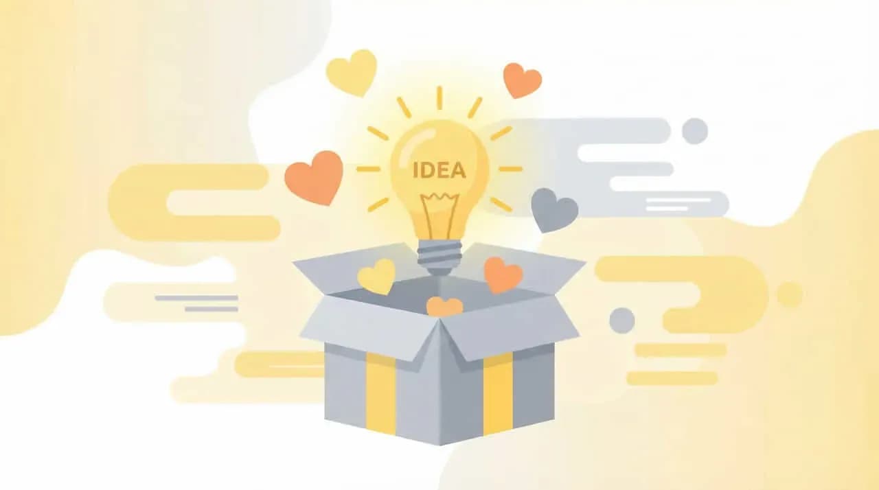開いた箱から「IDEA」の文字が入った電球とハートが飛び出すイラスト
