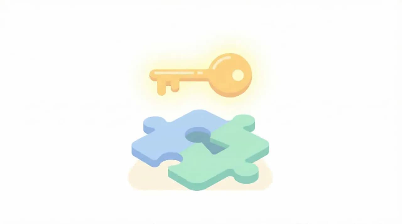 鍵穴のあるパズルピースに鍵が差し込まれるイラスト